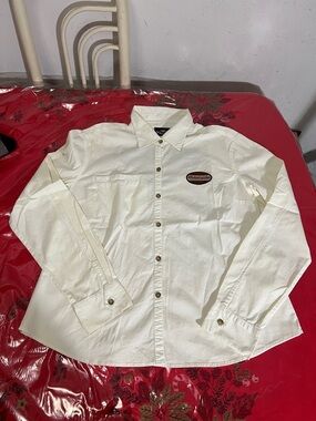 Womens’s Harley Davidson Shirt Sz XL White Button Long Sleeve Fitted Logo Cycle